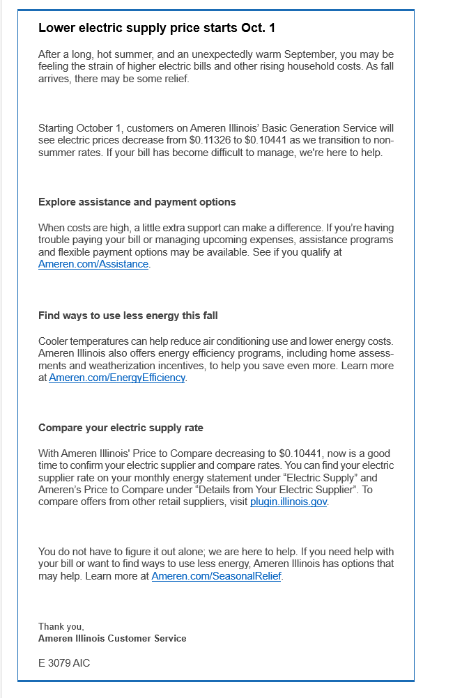 New Electric Cost update Notification